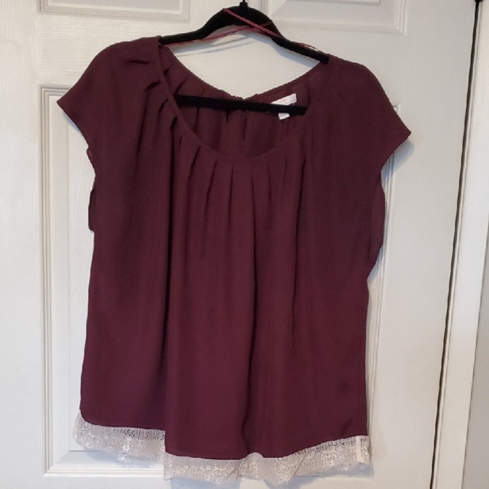 LC Lauren Conrad Burgundy Blouse with Lace Hem